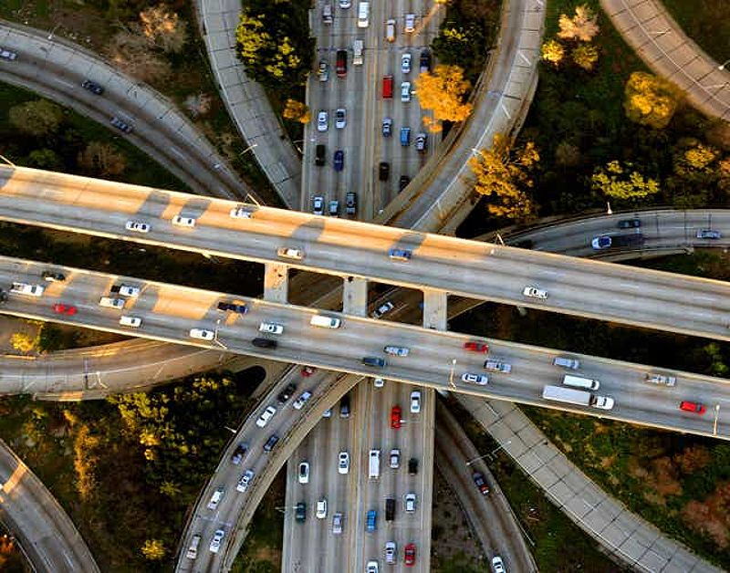 Helicopter aerial view of the famous Los Angeles freeway interchange