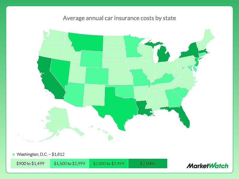 U.S. map showing the average annual cost of car insurance in each state